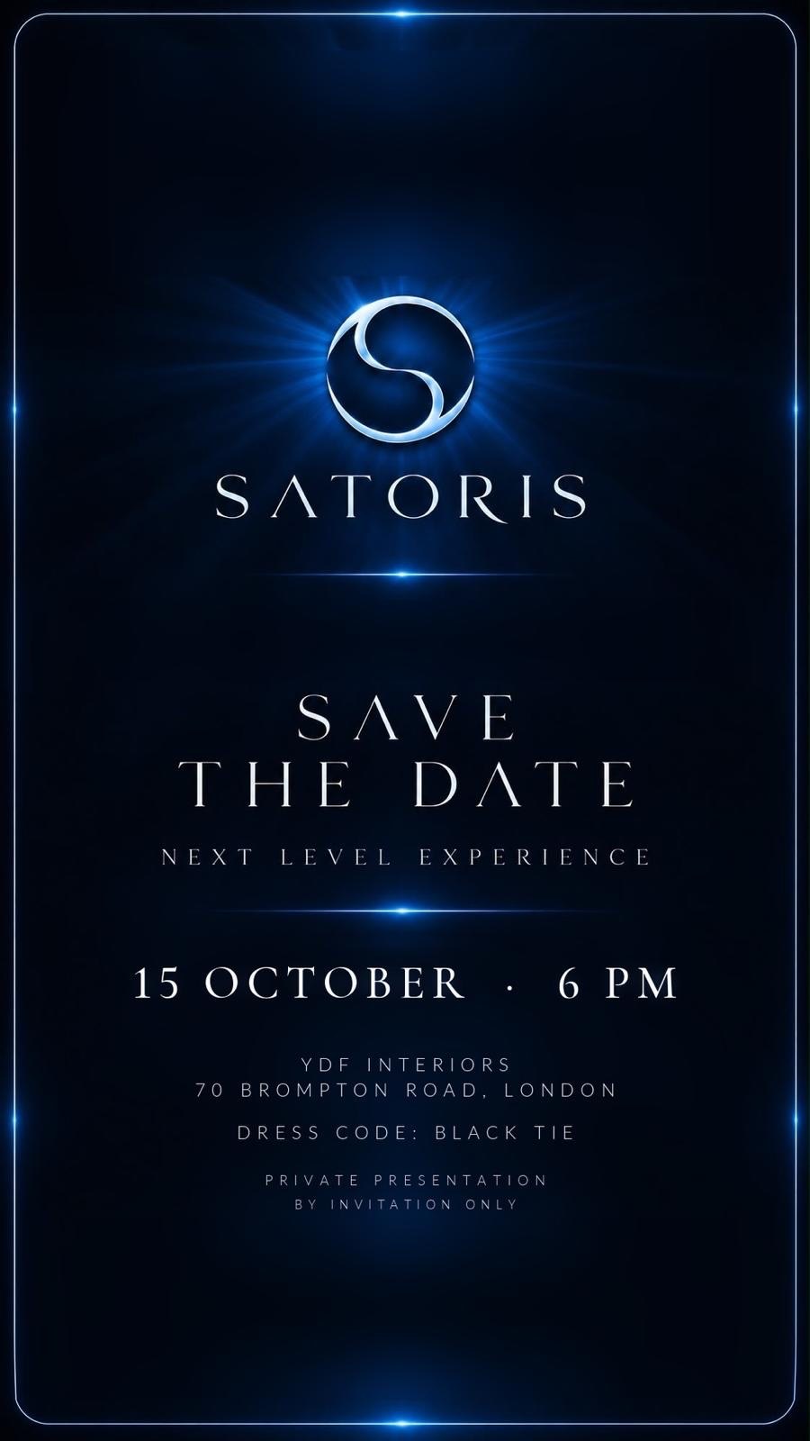 SATORIS private presentation invitation for 15 October at 18:00, YDF Interiors, London. Black Tie. By invitation only.